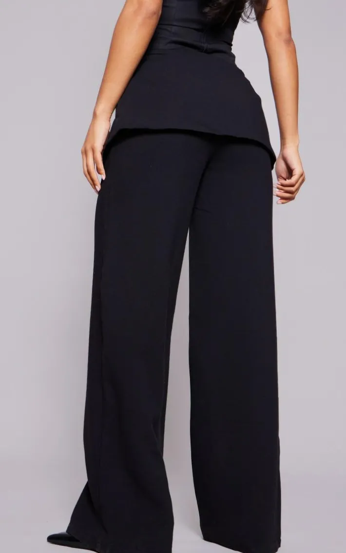Black High Waisted Peplum Detail Straight Leg Pants