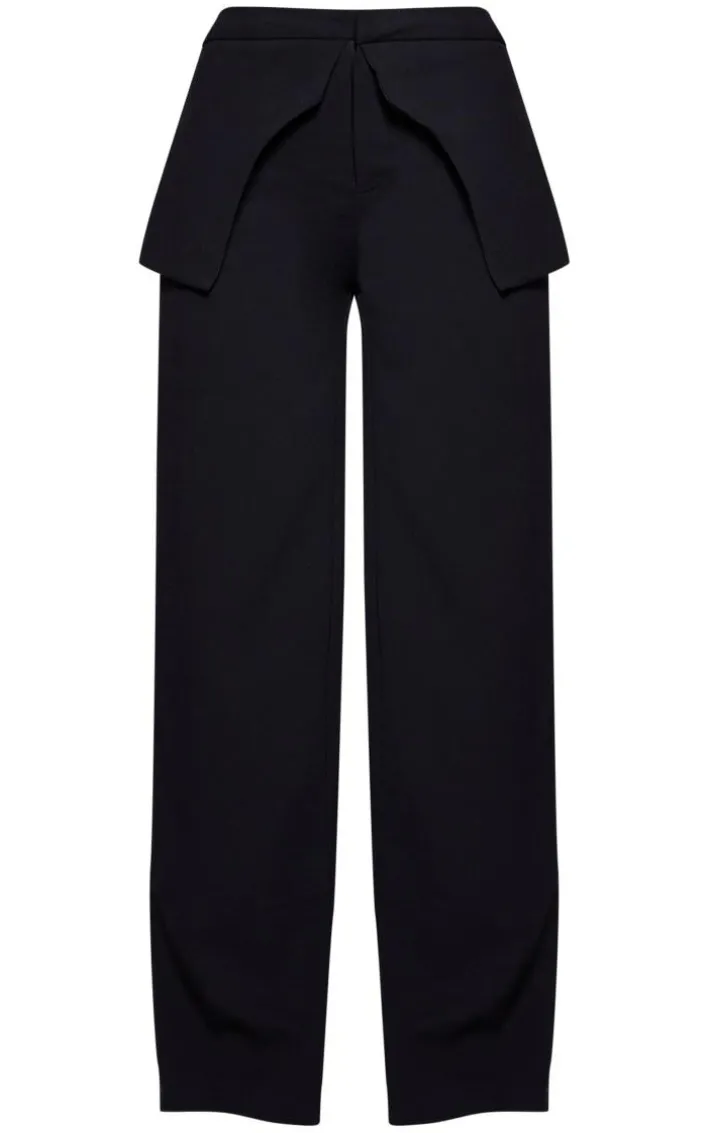Black High Waisted Peplum Detail Straight Leg Pants