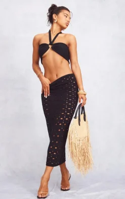Hot PrettyLittleThing Hole Detail Knitted Midi Skirt Black
