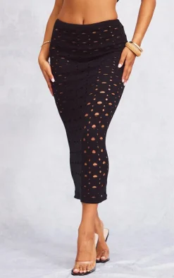 Hot PrettyLittleThing Hole Detail Knitted Midi Skirt Black