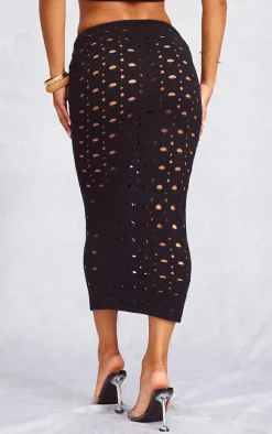 Hot PrettyLittleThing Hole Detail Knitted Midi Skirt Black