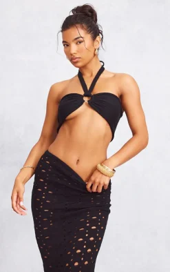 Hot PrettyLittleThing Hole Detail Knitted Midi Skirt Black
