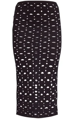 Hot PrettyLittleThing Hole Detail Knitted Midi Skirt Black