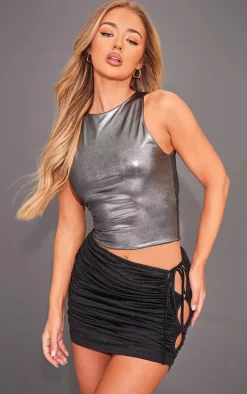 Black Hot Fix Double Layer Cut Out Side Mini Skirt