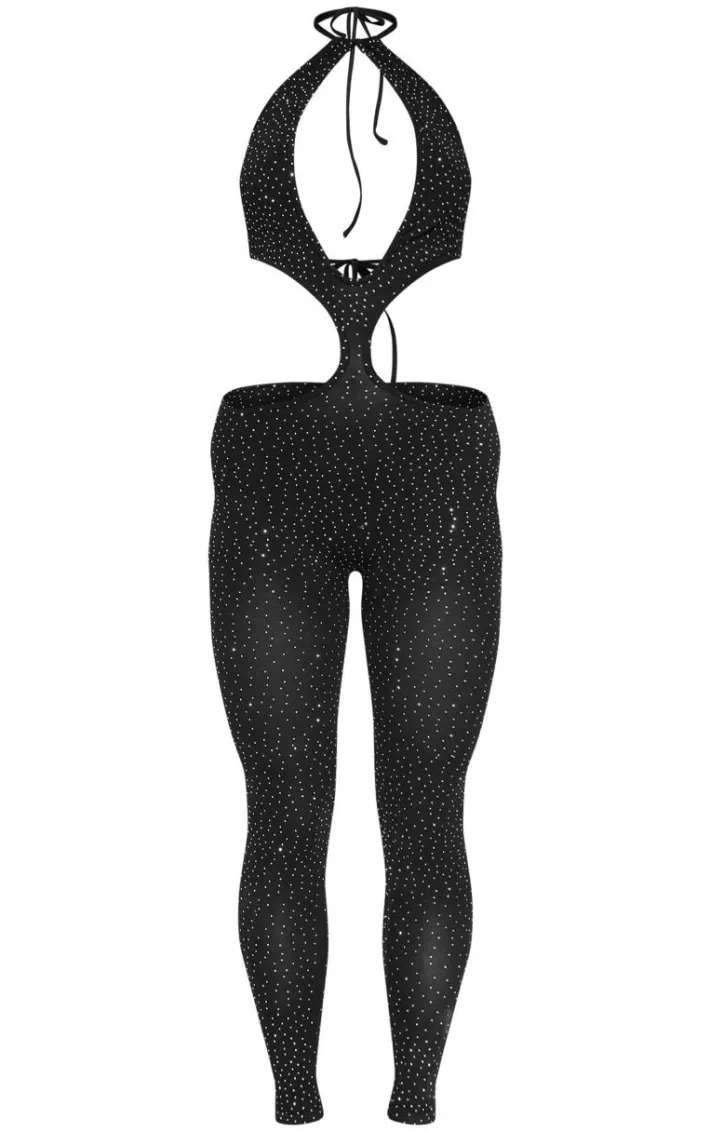 Black Hot Fix Seamless Cut Out Strappy Jumpsuit