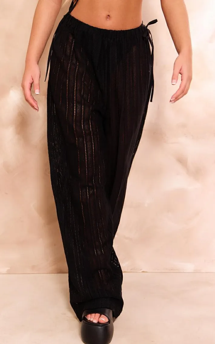 Black Jacquard Elasticated Waist Wide Leg Pants