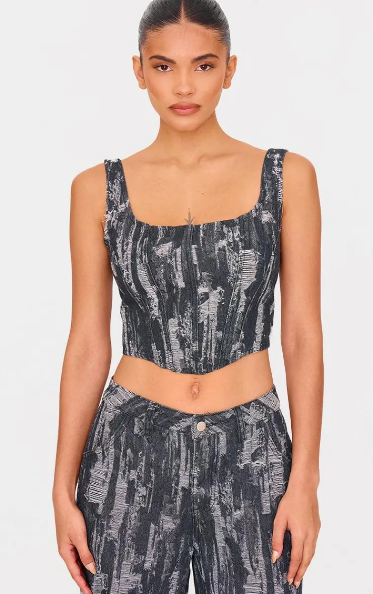 Clearance PrettyLittleThing Jacquard Style Denim Corset Top Black