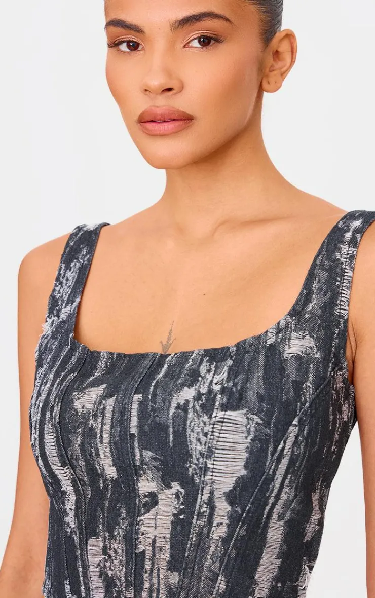 Clearance PrettyLittleThing Jacquard Style Denim Corset Top Black