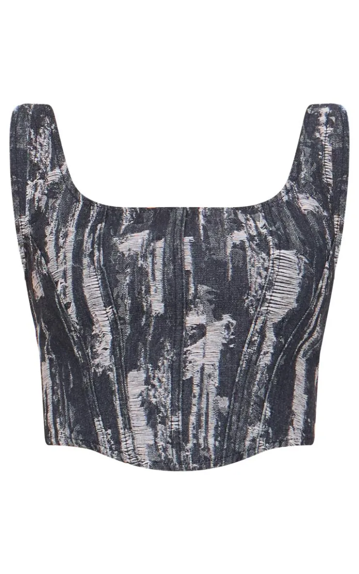 Clearance PrettyLittleThing Jacquard Style Denim Corset Top Black