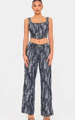 Clearance PrettyLittleThing Jacquard Style Wide Leg Jeans Black