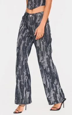 Clearance PrettyLittleThing Jacquard Style Wide Leg Jeans Black