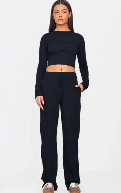 Sale PrettyLittleThing Jersey Cotton Wide Leg Pants Black