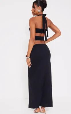Jersey Halterneck Knot Front Cut Out Maxi Dress-PrettyLittleThing