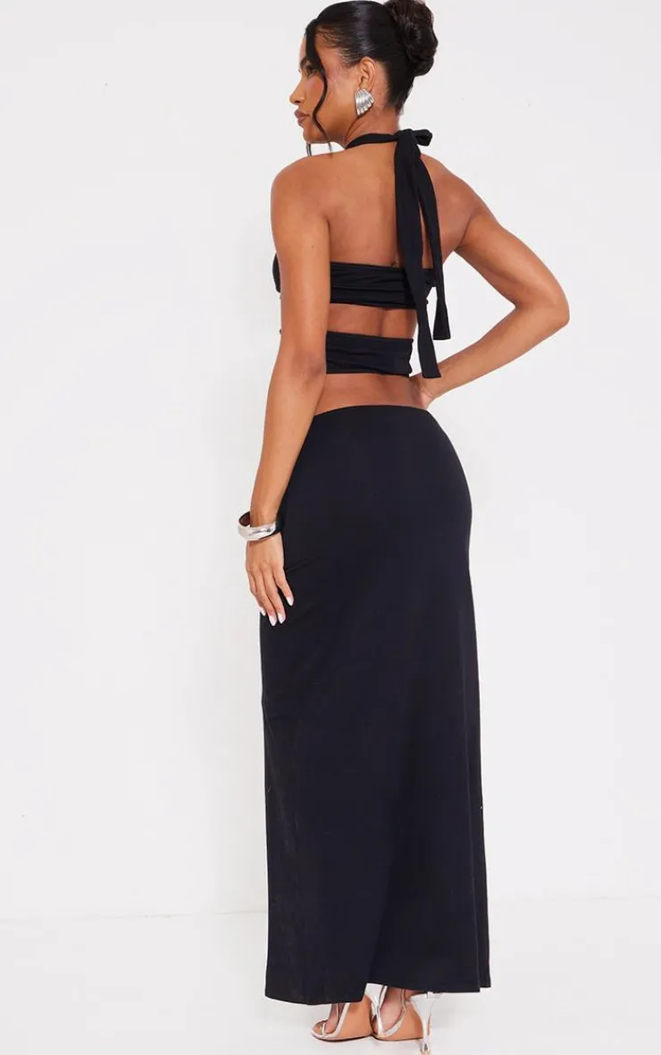 Jersey Halterneck Knot Front Cut Out Maxi Dress-PrettyLittleThing