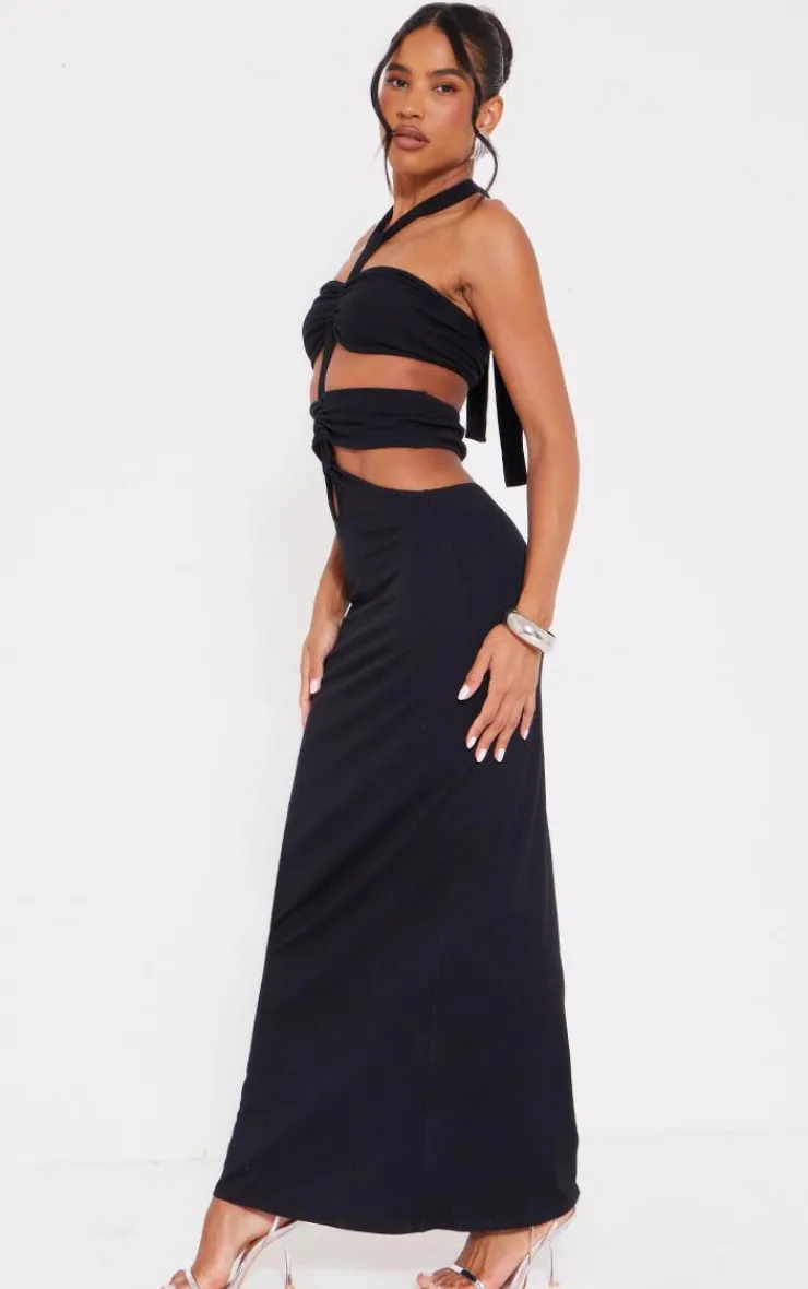 Jersey Halterneck Knot Front Cut Out Maxi Dress-PrettyLittleThing
