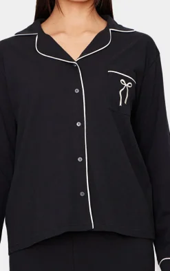 Black Jersey Piping Embroidered Bow Long Pj Set