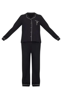 Black Jersey Piping Embroidered Bow Long Pj Set