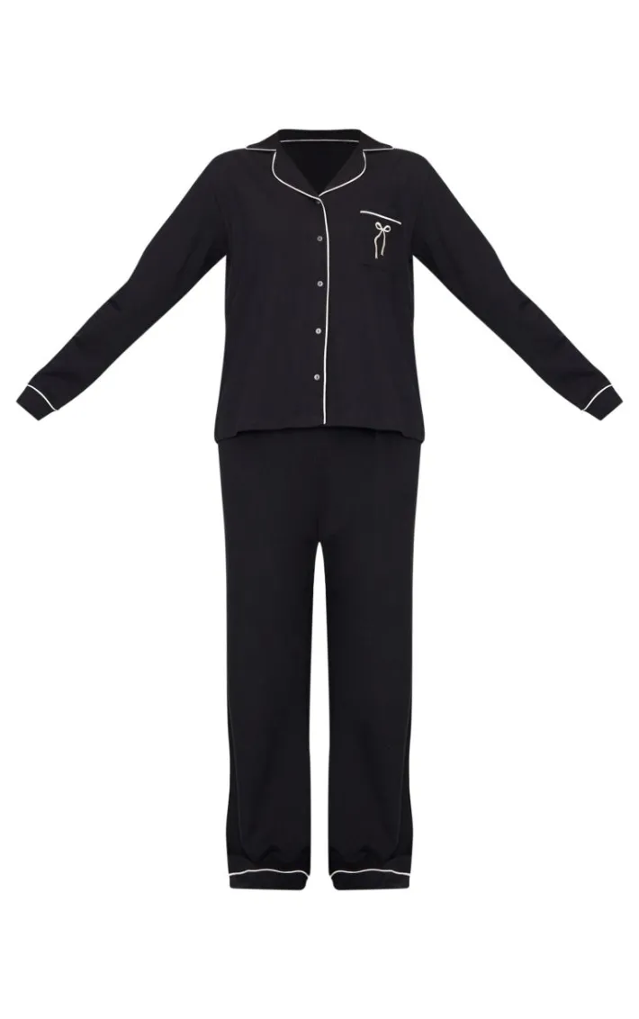 Black Jersey Piping Embroidered Bow Long Pj Set