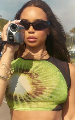 PrettyLittleThing Sleeveless Tops*Kiwi Fruit Printed Mesh Sleeveless Crop Top