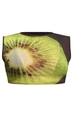 PrettyLittleThing Sleeveless Tops*Kiwi Fruit Printed Mesh Sleeveless Crop Top