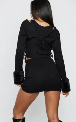 Clearance PrettyLittleThing Knit Lace Up Crop Top & Mini Skirt & Faux Fur Sleeves Black