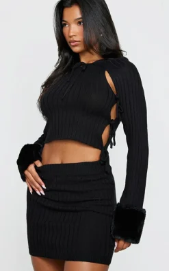 Clearance PrettyLittleThing Knit Lace Up Crop Top & Mini Skirt & Faux Fur Sleeves Black