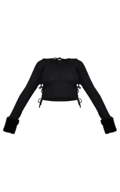 Clearance PrettyLittleThing Knit Lace Up Crop Top & Mini Skirt & Faux Fur Sleeves Black