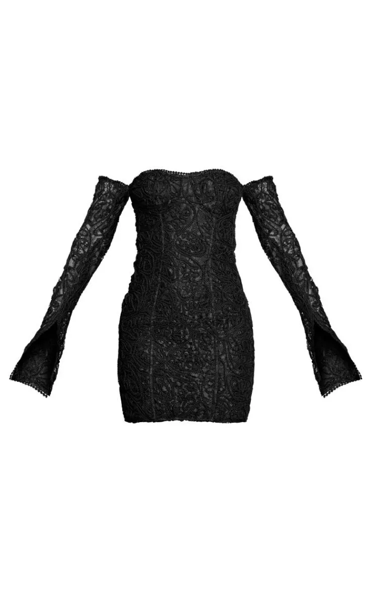 Lace Bardot Long Split Sleeve Bodycon Dress-PrettyLittleThing