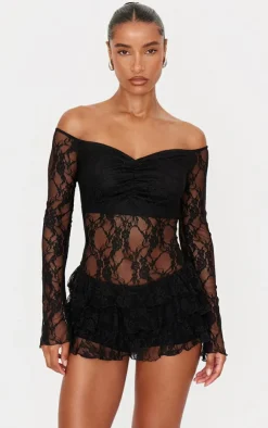 Lace Bardot Rara Skort Romper-PrettyLittleThing Hot