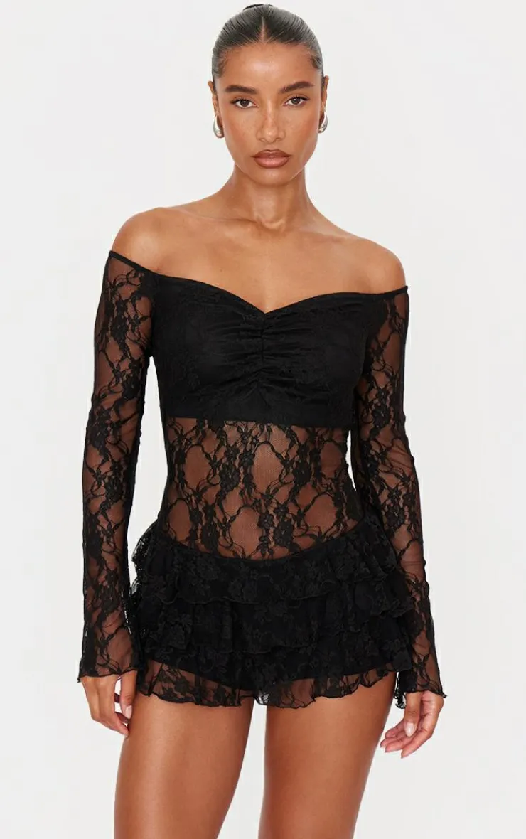 Lace Bardot Rara Skort Romper-PrettyLittleThing Hot
