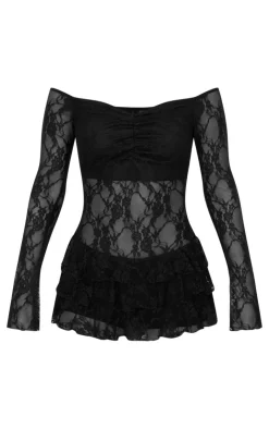 Lace Bardot Rara Skort Romper-PrettyLittleThing Hot