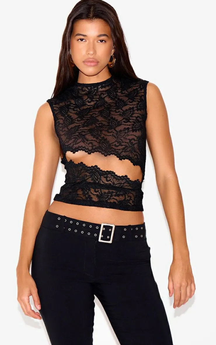 Lace Cut Out Detail Long Top-PrettyLittleThing New
