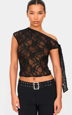 Lace Detail Tie Shoulder Asymmetric Long Top-PrettyLittleThing Discount