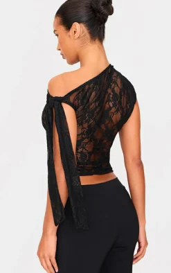 Lace Detail Tie Shoulder Asymmetric Long Top-PrettyLittleThing Discount