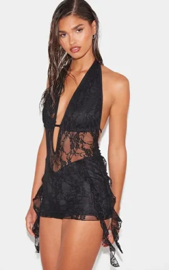 Black Lace Drape Detail Skort Romper