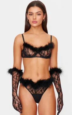 PrettyLittleThing Christmas Shop*Lace Feather Trim Lingerie Set with Gloves