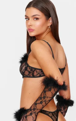 PrettyLittleThing Christmas Shop*Lace Feather Trim Lingerie Set with Gloves