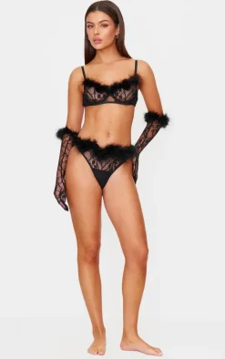 PrettyLittleThing Christmas Shop*Lace Feather Trim Lingerie Set with Gloves