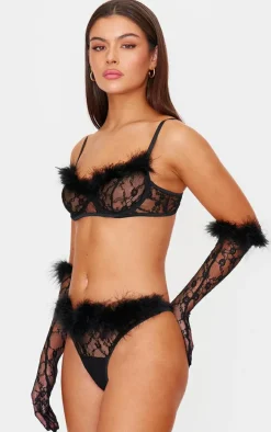 PrettyLittleThing Christmas Shop*Lace Feather Trim Lingerie Set with Gloves