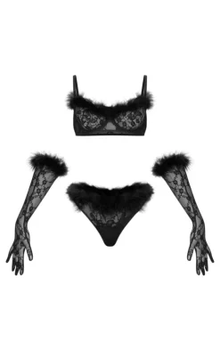 PrettyLittleThing Christmas Shop*Lace Feather Trim Lingerie Set with Gloves