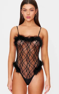 Black Lace Feather Trim Lingerie Bodysuit