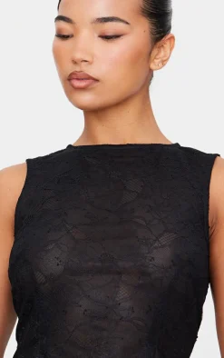Discount PrettyLittleThing Lace Fitted Sleeveless Long Line Top Black