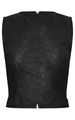 Discount PrettyLittleThing Lace Fitted Sleeveless Long Line Top Black