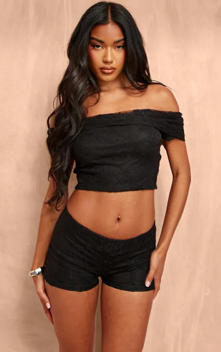 Clearance PrettyLittleThing Lace Foldover Bardot Crop Top Black