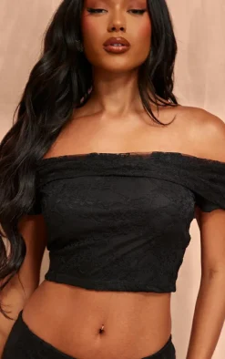 Clearance PrettyLittleThing Lace Foldover Bardot Crop Top Black