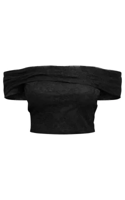Clearance PrettyLittleThing Lace Foldover Bardot Crop Top Black