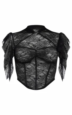 Discount PrettyLittleThing Lace Frill Boned Dip Hem Corset Top Black