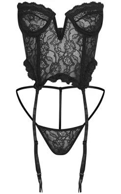 Black Lace Frill Underwired Corset Lingerie Set
