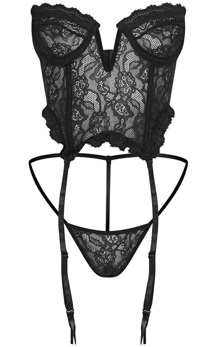 Black Lace Frill Underwired Corset Lingerie Set