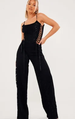 Black Lace Lace Up Strappy Jumpsuit
